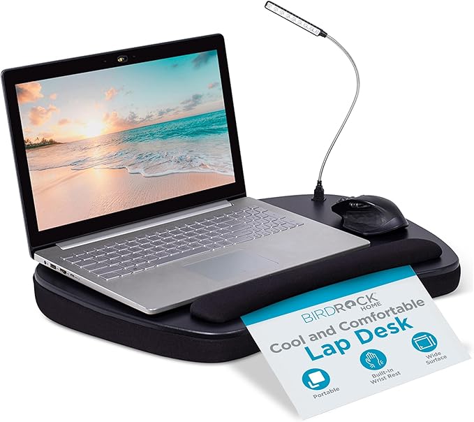 BIRDROCK HOME Oversized Lap Desk with Memory Foam Cushion - Portable w/USB Light & Wrist Rest, Ideal for Work from Home, Students & Gaming, Ergonomic Design for Comfort - Matte Black