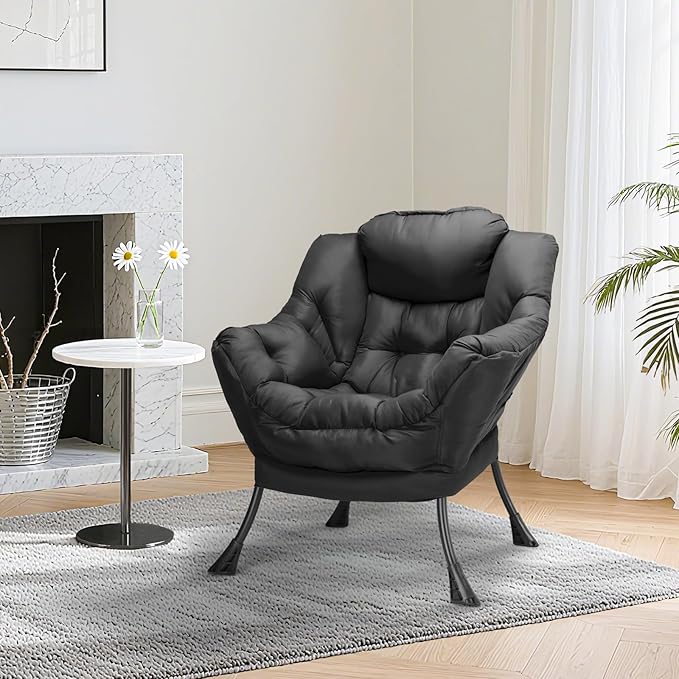 TLSUNNY Lazy Chair, Modern Comfy Lounge Accent Chair, Large Sofa Armchair with a Side Pocket, Leisure Reading Chair for Bedroom, Living Room, Dorm (Black)