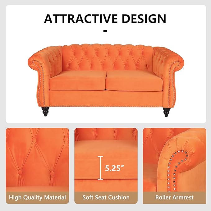 QHITTY Accent Sofa, Chesterfield Loveseat Modern Velvet Couch Upholstered Sofa with Tufted Back for Living Room Furniture (Orange)