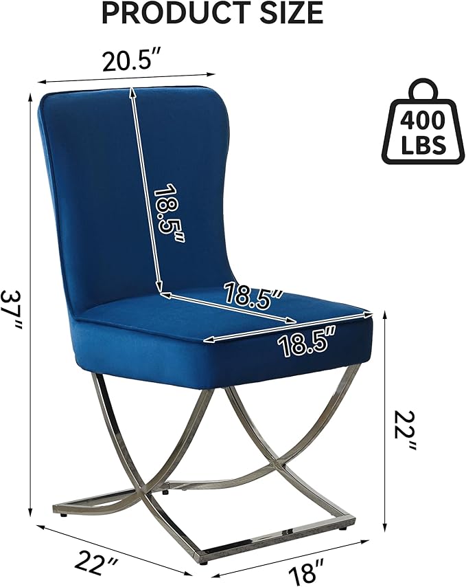 WUTUTUEE Luxury Velvet Dining Chairs, Tufted Upholstered Armless Accent Chairs with Silver Metal X-Legs, Modern Glam Dining Room Chair Set of 2, Navy
