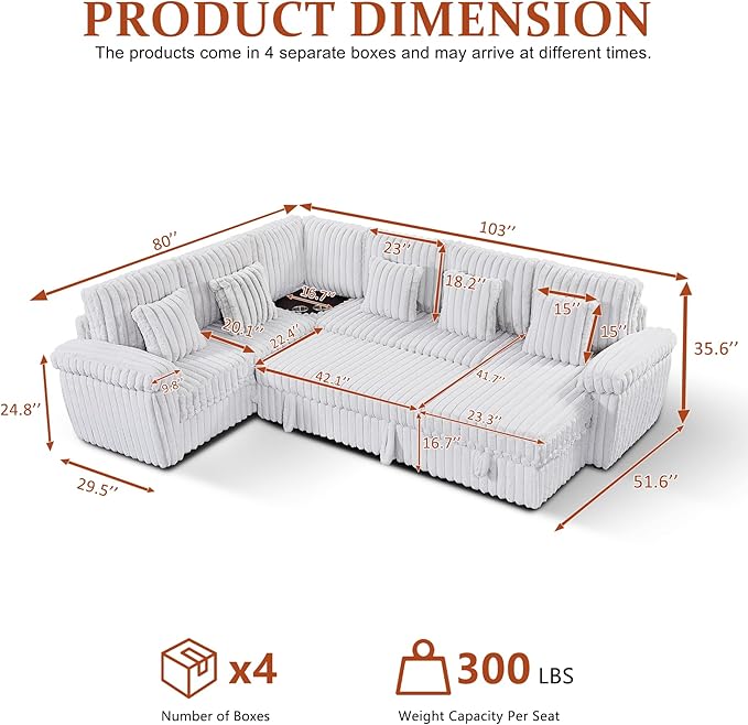 Modular Sectional Sleeper Sofa with Pull Out Bed, Storage Chaise & USB Charging, U Shaped Plush Corduroy Sectional Couches for Living Room, Comfy Convertible 7 Seat Cloud Sofa Bed, Grey