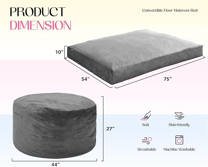 Hobestluk Giant Bean Bag Chair Bed for Adults, Large Bean Bags with High-Density Foam Filling, Convertible Big Sofa Bed Couch for Living Room, Bedroom, Playroom (Grey, Full)