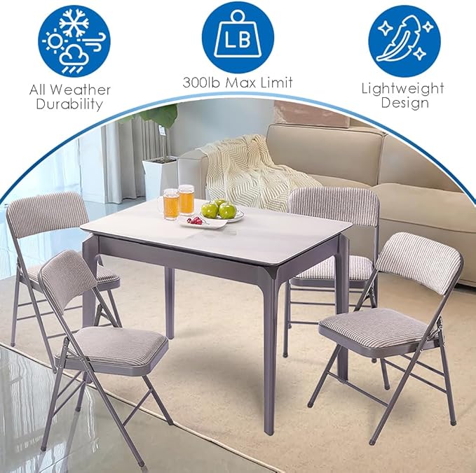 EZONE (2pcs Fabric Folding Chairs with Padded Cushion Backrest Metal Steel Foldable Chair Portable Lightweight Foam Padded Fold Chair (2, Fabric - White)