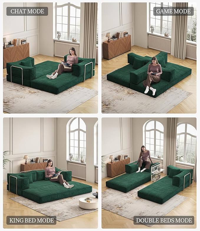 79" Convertible Sleeper Sofa Bed, Corduroy Folding Sleeper Couch with Fixed-Shape Frame, Boneless Couch for Living Room Bedroom, Floor Sofa Lounge No Assembly Required (Green)