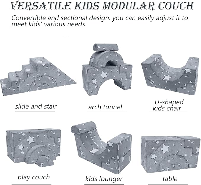 MeMoreCool Toddler Foam Climbing Couch – Modular Kids Sofa with Slide & Stairs | Convertible Sectional Play Couch for Babies & Toddlers, Glow‑in‑The‑Dark Stars, Soft Foam Playroom Furniture