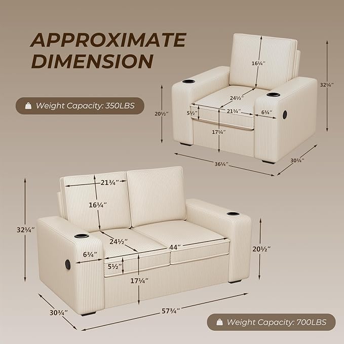 Furnimart 4-Seater Sectional Sofa and Couch Set Corduroy, Loveseat & 2PC Chairs with USB Charger and Cup Holder, Small Living Room Furniture Set for Apartment, Tiny Homes and Lofts, 3PC-Beige