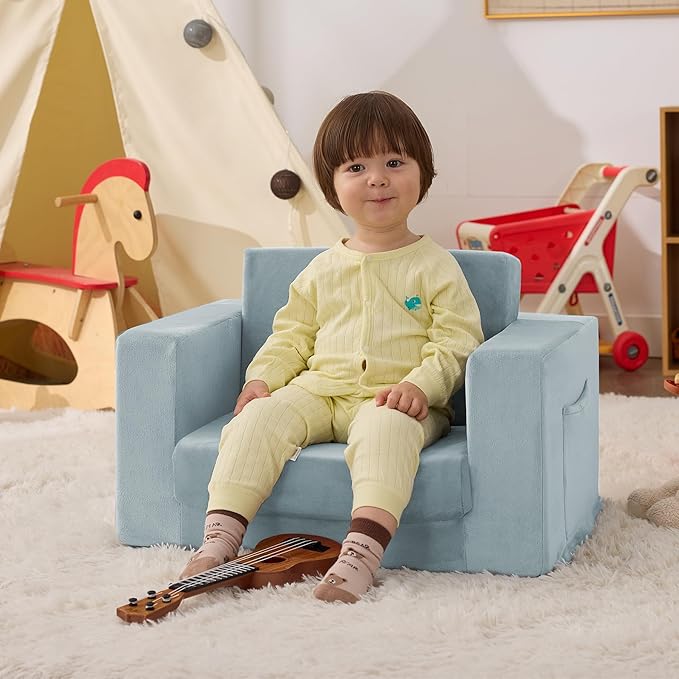 Kids Couch, 2-in-1 Toddler Chair Comfy 1-3 Years, Convertible Kids Chair, Toddler Couch That Fold Out, Kid Lounge Chairs for Boys and Girls, Soft Coral Fleece, Blue