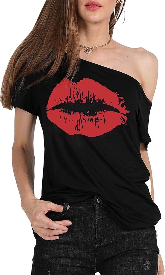 MAGICMK Women’s Short Lips Print Causal Off The Shoulder Plus Size T-Shirt Tops