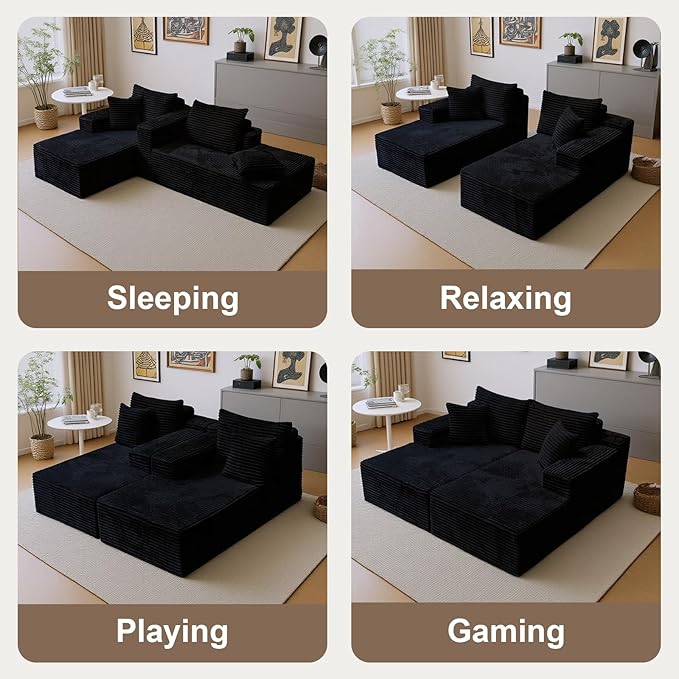Oversized Double Chaise Lounge Chair Indoor, Upholstered 72'' Boneless Cloud Sofa Bed Sleeper Couch Loveseat, No Assembly Faux Rabbit Fur Memory Foam Reading Chair for Living Room Bedroom Black