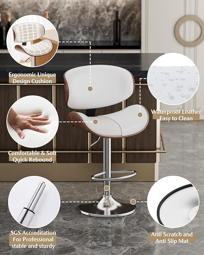 Aowos Bar Stools Set of 2, Adjustable Swivel Leather Bar Stools for Kitchen Island, Mid Century Modern Counter Height Bar Chairs Barstools with Back & Footrest (White)