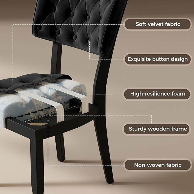 UVV Upholstered Dining Chairs Set of 6, Mid Century Modern Tufted Kitchen Chairs Dining Room Chairs, Velvet Dinner Chair with Wood Legs for Dining Room Kitchen, Black-Black Legs
