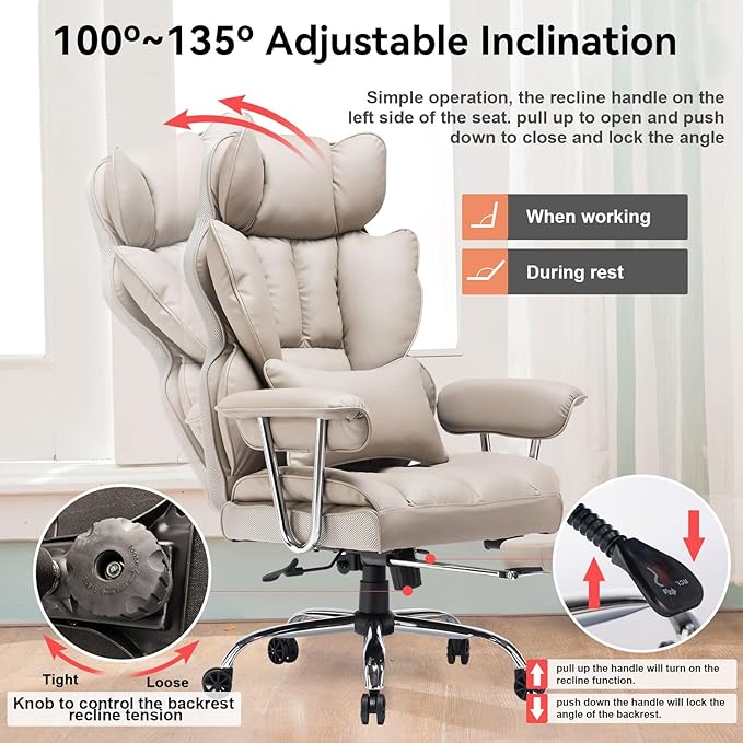 Efomao 400lbs Big and Tall Office Chair - 23.5" Wide Seat PU Leather Executive Desk Chair with Footrest, Heavy Duty Thickened Mechanism Computer Chair, Grey