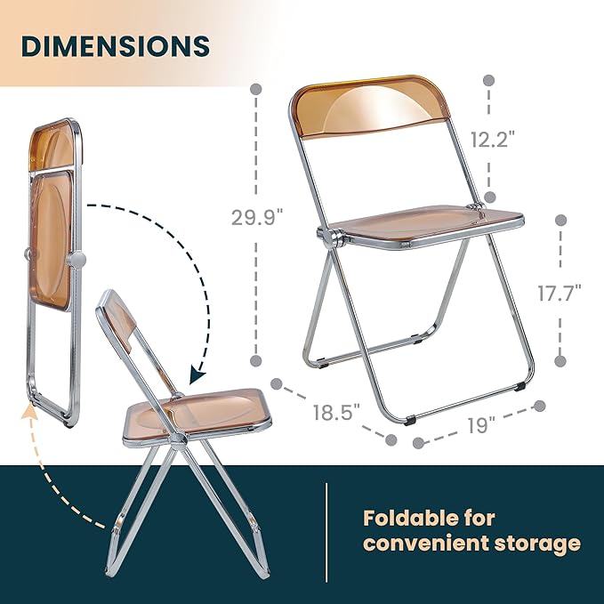 LeisureMod Lawrence Modern Clear Acrylic Folding Chair with Metal Frame, Space-Saving Transparent Seating for Dining Room, Home Office, Bedroom, Vanity or Small Spaces, (Tangerine, Set of 4)