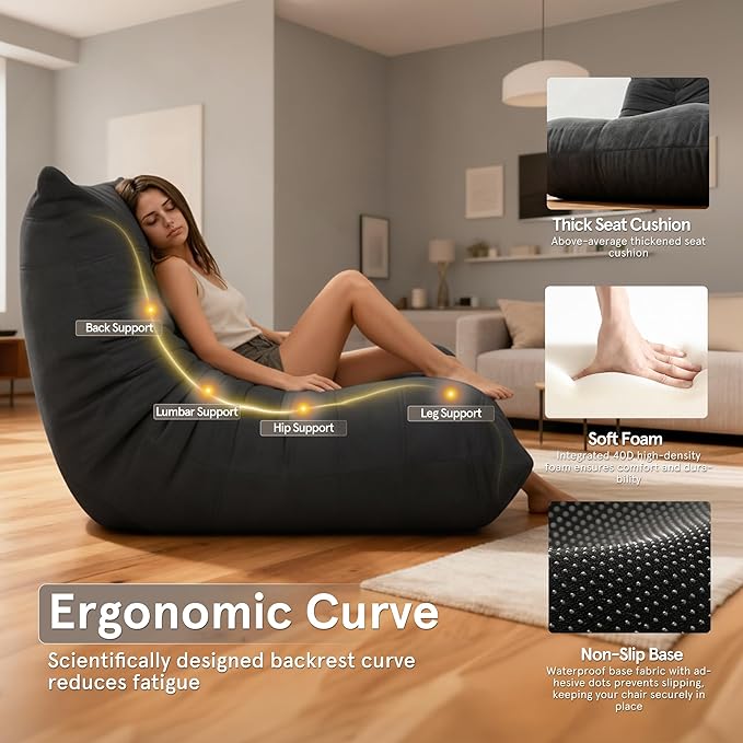 Sytopia Bean Bag Chair, Large Reading Chair for Adults Ultra-Comfy, Corner Floor Sofa 40D Foam, Togo Sofa Furniture for Living Room Bedroom Gaming, Black Onyx