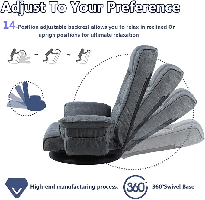 360 Degree Swivel Floor Chairs for Adults, Gaming Floor Chair with Back Support, 14 Angles Adjustable Comfortable Floor Lounge Chair Folding Video Game Chairs Office Bedroom 201 (Dark Grey)
