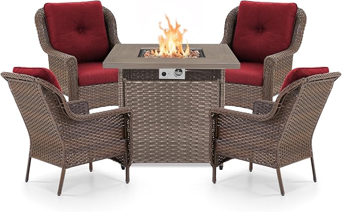 ACTREST Outdoor Patio Chairs with Fire Pit Table 5 Piece Set - High Back Brown Wicker Rattan Lawn Chair with Thick Cushion for Porch Apartment Deck Yard Poolside Garden - Red