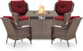ACTREST Outdoor Patio Chairs with Fire Pit Table 5 Piece Set - High Back Brown Wicker Rattan Lawn Chair with Thick Cushion for Porch Apartment Deck Yard Poolside Garden - Red