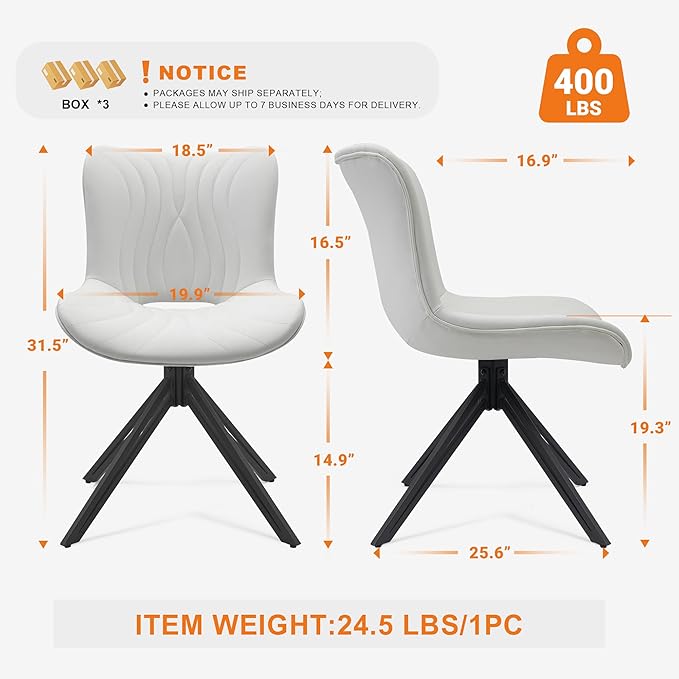 VATROS Dining Chairs Set of 6, 360° Swivel Upholstered Mid-Century Modern Kitchen Dining Room Chairs, Armless Faux Leather Accent Side Chair with Padded Back, Metal Legs for Living Room Bedrooms,White
