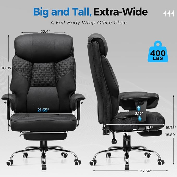 GTRACING Big and Tall Office Chair 400LBS Wide Ergonomic Fabric Deluxe Embossing Designed Gaming Chair with Foot Rest,150°Reclining Adjustable Armrests Pocket Spring Back Support and Pillow