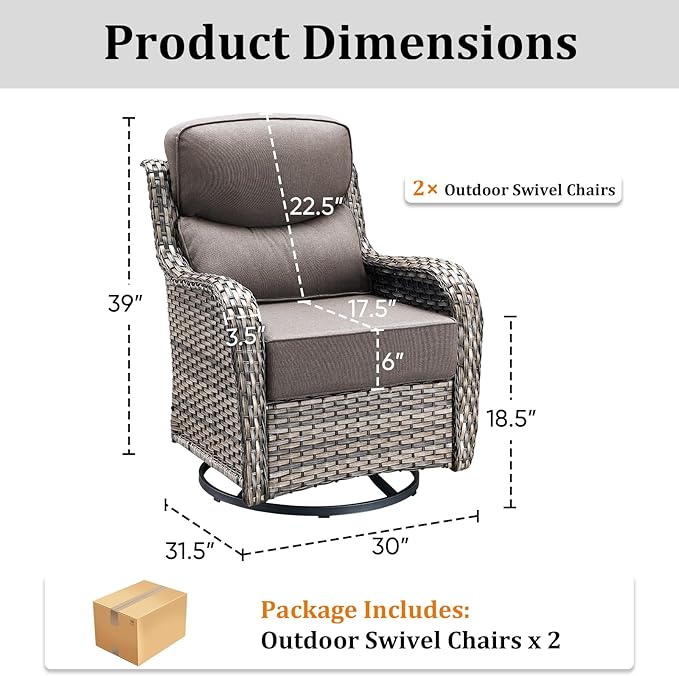 Pugire Luxury Outdoor Swivel Rocker Patio Chairs Set of 2 with 6-Inch Thick Cushions, High Back Swivel Patio Chairs Wicker Outdoor Gliders for Porch, Yard, Deck, Poolside, Grey