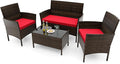 RELAX4LIFE 4-Piece Patio Furniture Set - Rattan Outdoor Conversation Bistro Set w/Cushions, Glass Coffee Table, Wicker Chairs & Loveseat for Garden Backyard Porch, Balcony Furniture Set (1, Red)