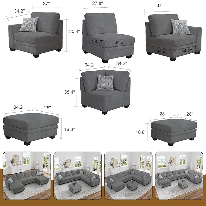 Legend Vansen Oversized Modular Sectional Sofa,8 Seat U Shaped Couch with Ottoman,Corduroy Sofa with Deep Seat,Convertible Large Sectional Couches for Living Room (Grey, U-8)