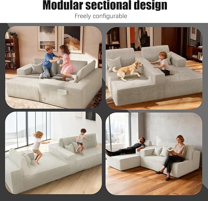 Komusou 110" Boneless Couch, Cloud Modular Sectional Sofa with L-Shape Chaise, Modern Upholstered Couches for Living Room Bedroom No Assembly Required (Beige, Right Facing Chaise)