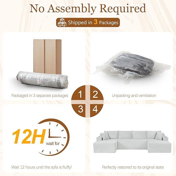 134 Inch Modular Sectional Sleeper Sofa, Boneless Cloud Couch for Living Room, U Shaped 5 Seat Sofa with 2 Storage Pockets& 2 Cup Holders, Free Combination, No Assembly Required (Light Grey)