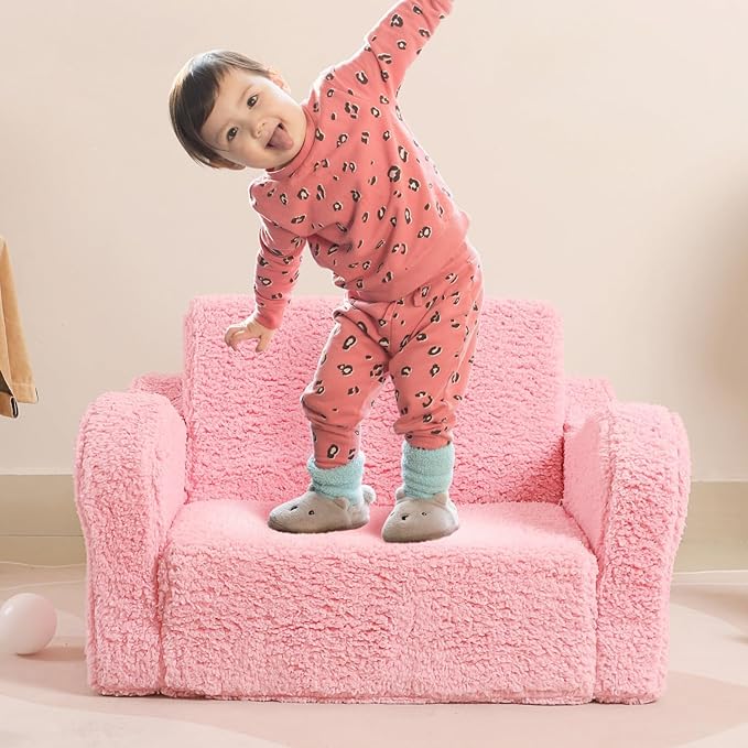 Kids Sofa, 2-in-1 Flip-Out Foam Couch with Soft Sherpa Cover, Cozy Play Lounge Chair, Pink