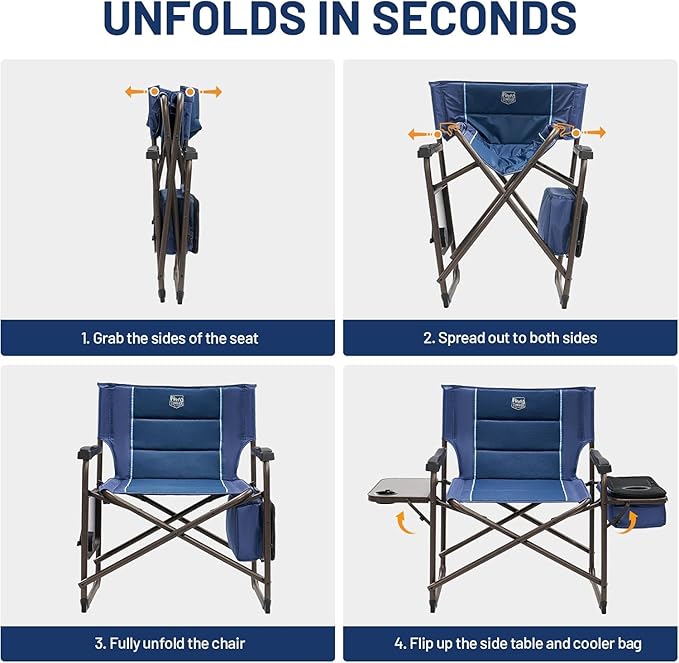 Timber Ridge XXL Oversized Directors Chair 600lbs - Heavy Duty Camping Chair with Cooler Bag & Table, Portable Folding Chair with Wide Seat for Tailgating, Patio, Outdoor - Blue (2 Pack)