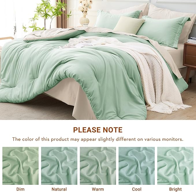 MUXHOMO 7 Pieces King Comforter Set, Soft Bed in a Bag King Size, All Season Bedding Set with Comforter, Flat Sheet, Fitted Sheet, Pillowcases & Shams, Sage Green & Beige