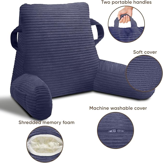 ABROLOY Reading Pillow for Sitting in Bed Adult, Bed Reading Pillow with Shredded Memory Foam, Back Pillow for Sitting with Arms and Pockets, Deepblue