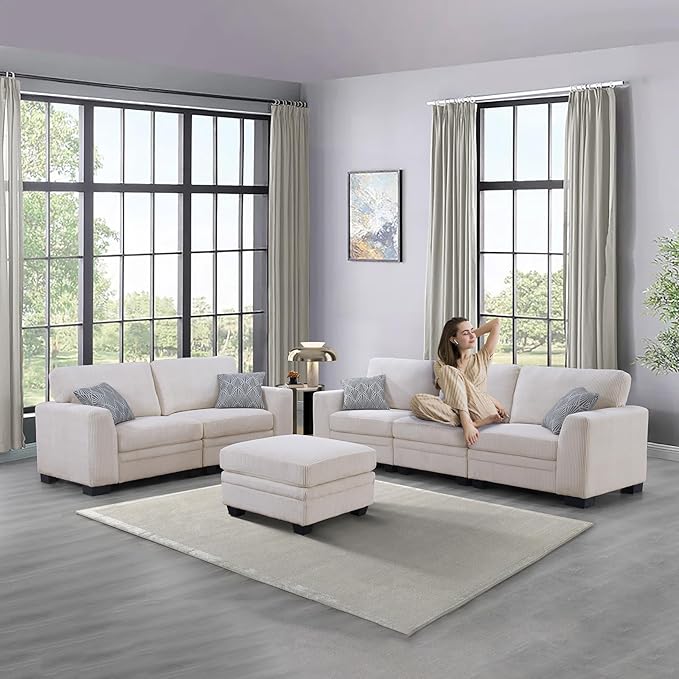 Legend Vansen Oversized Modular Sectional Sofa,6 Seat U Shaped Couch with Ottoman,Corduroy Sofa with Deep Seat,Convertible Large Sectional Couches for Living Room (Cream, L2+3)