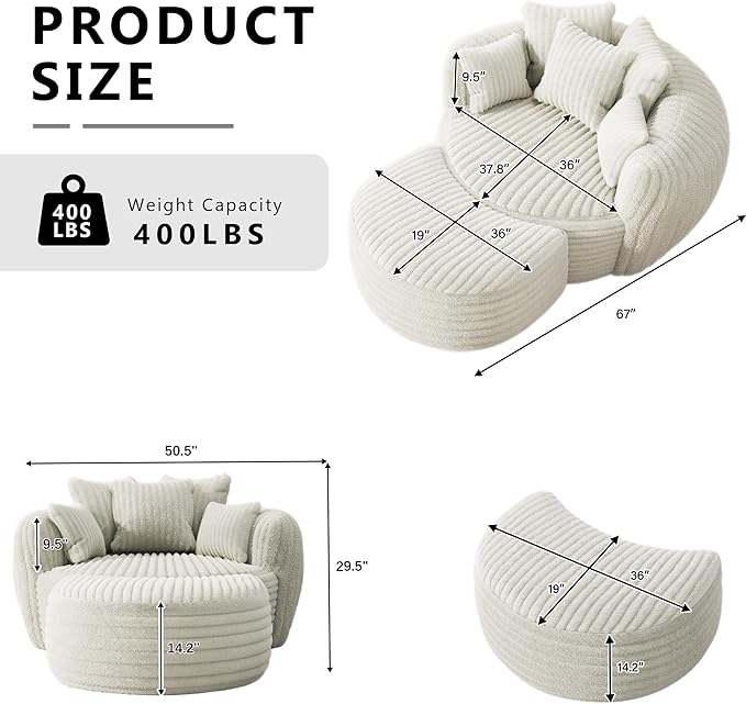 Oversized Chaise Lounge Chair Indoor with Ottoman 50.5" W x 67.0" D Round Soft Corduroy Comfy Oversized Reading Chair with 5 Pillows for Living, Reading Room - Beige White
