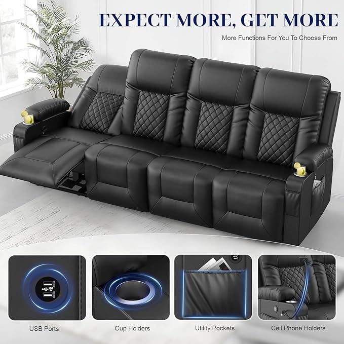 FURNIMAT Oversized Recliner Sofa, 4 Seats Dual Reclining Sofa, PU Leather Loveseat Couch, Modern Recliner Chair for Living Room, with Cup Holder and 2 Cell Phone Holders, USB Ports, Black