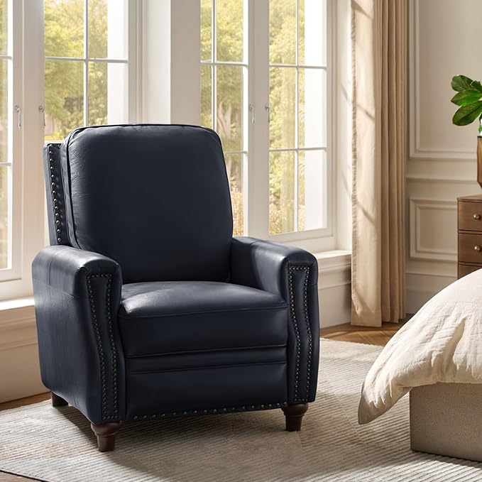 HULALA HOME Genuine Leather Recliner Chair, Classic Push Back Recliner Armchair with Thick Seat and Backrest (Navy)