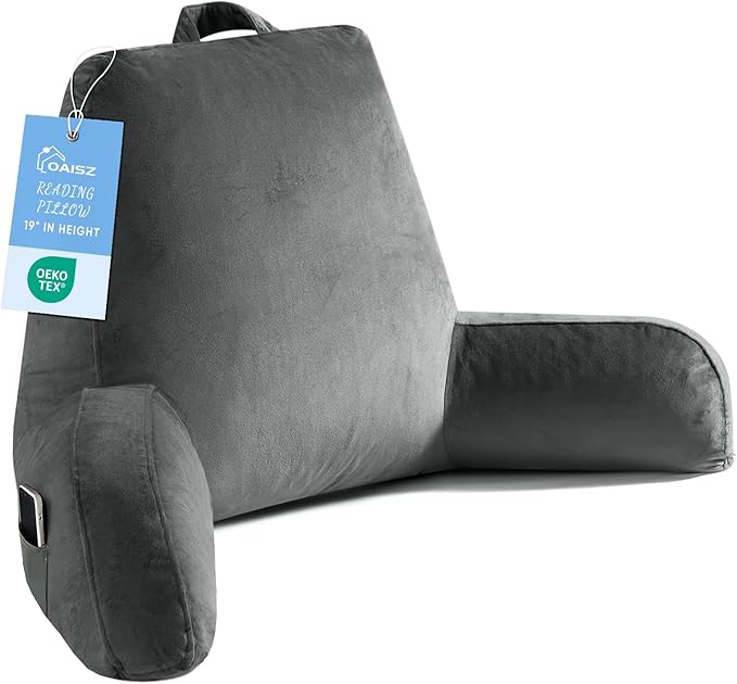 OAISZ Reading Pillow for Sitting in Bed Adult, 19" Reading Pillow with Shredded Memory Foam, Back Pillow for Sitting Up with Extend Arms, Pockets, Bed Pillow with Washable Cover, Grey