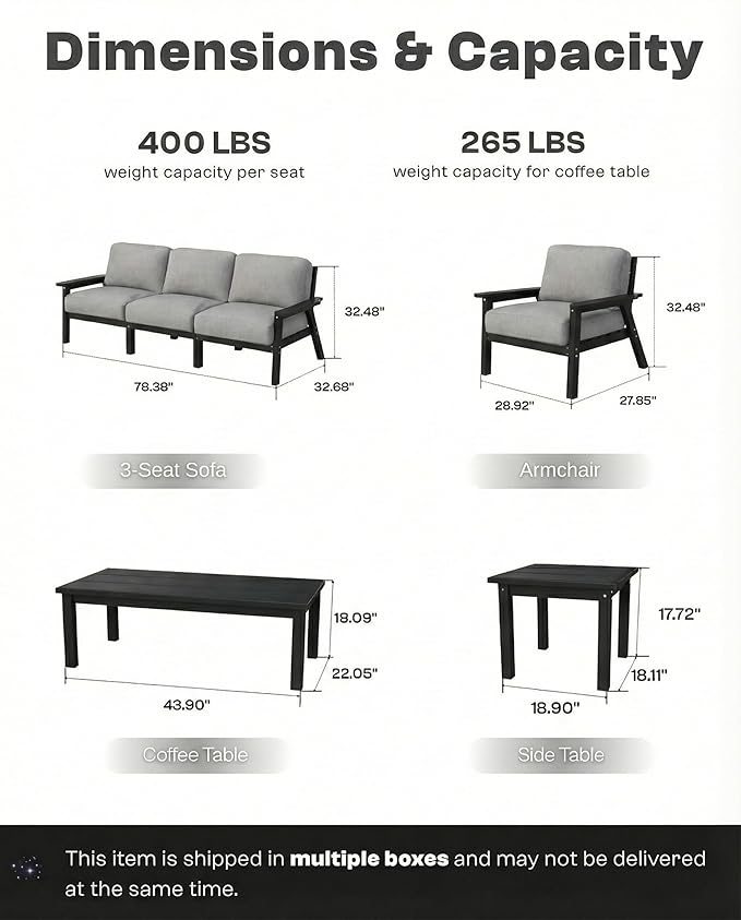 Patio Kingdom 7 Piece Patio Furniture Set, HDPE Outdoor Sectional with Gray Washable Thick Cushions, Coffee Table & Side Table, Patio Conversation Sets for Lawn, Garden, Porch, Balcony (Black Frame)