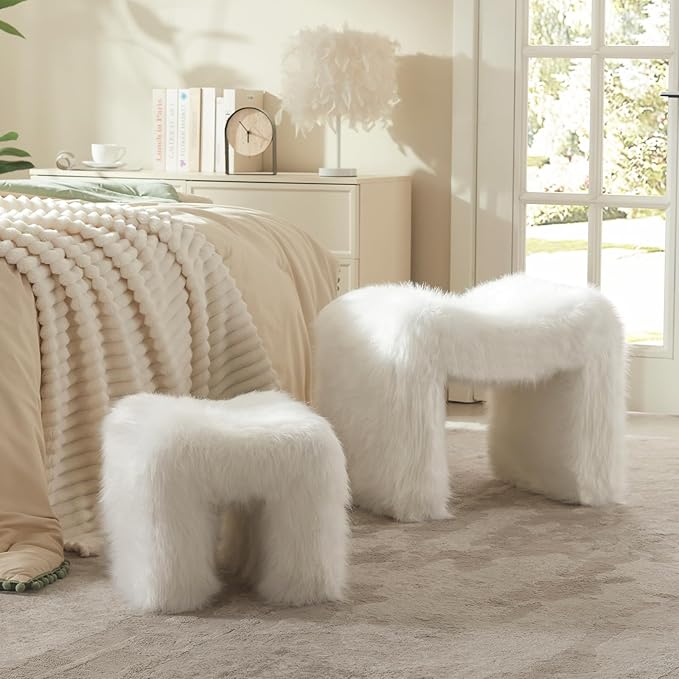 Ottoman Set of 2 Small Footstool Ottoman Vanity Stool Chair Faux Fur Seating Backless Modern Foot Rest Furry for Makeup Room Living Room Bedroom Entryway,White (2-in-1)