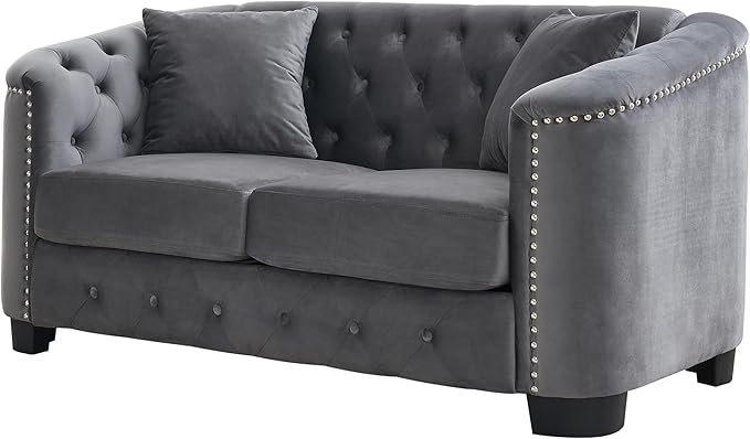 mikibama Modern Chesterfield Velvet Loveseat Sofa, 59 Inch Sectional Sofa, Luxury 2 Seater Upholstered Tufted Couch with Nailhead Arms and 2 Pillows for Living Room, Bedroom, Apartment(Grey)