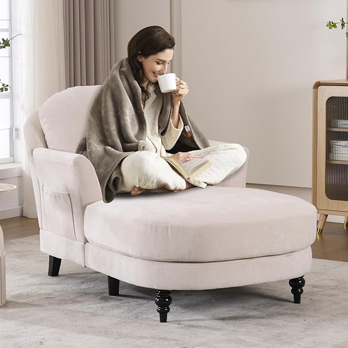 Chaise Lounge Chair Indoor, 59.8" Oversized Couch Reading Chairs，Chenille Comfortable Deep Sleeping Single Sofa, Upholstered Modern Couch Sofa Bed for Living Room, Bedroom & Apartment (Beige)