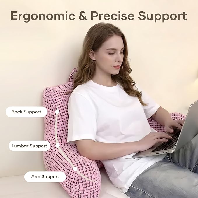 NOONTIDE Reading Pillow L-Size with Top Handle, Uniquely Designed Soft Fabric, Ergonomic Back Support for Bed, Couch & Reading, Comes with a Bag of Filling for Adjustable Firmness (Pink)