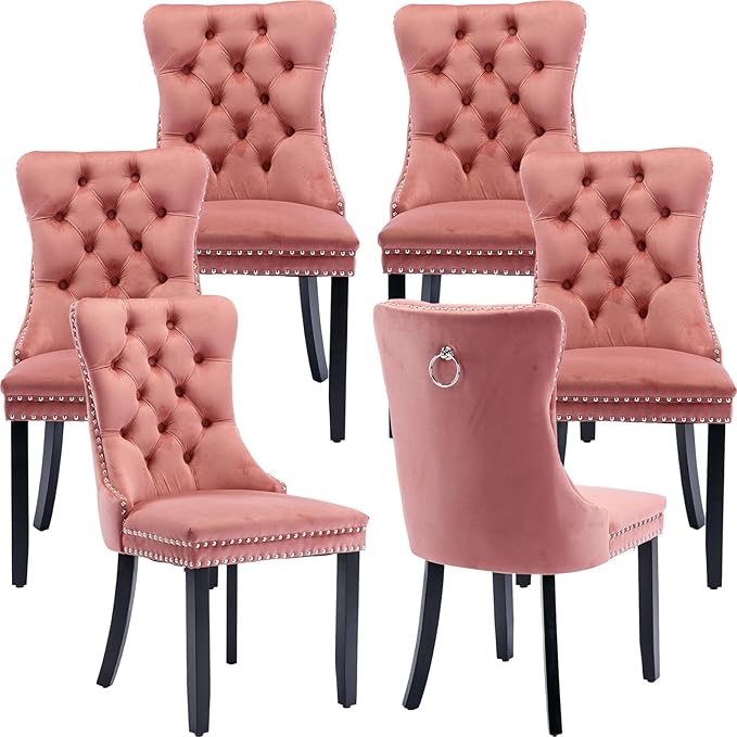YeahFurn Pink Mid Century Modern Dining Chairs Set of 6, Velvet Upholstered Kitchen & Dining Room Chairs with Nailhead Trim & Solid Wood Legs, Elegant Sillas De Comedor (Pink, 6 Pcs)