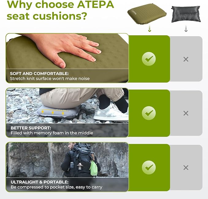 ATEPA Inflatable Seat Cushion, Self-Inflating Portable Stadium Airplane Travel Foam Cushion Pad for Camping, Sports Events, Outdoor