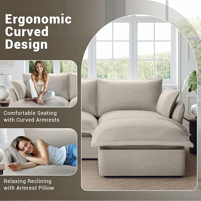 Lopzeho 114” Oversized Modular Sectional Sofa, Comfy Down Fill Cloud Couch, 3 Seater Modular Sofa Couch with One Single Seat, Convertible Sectional Couches for Living Room, Linen, Light Gray