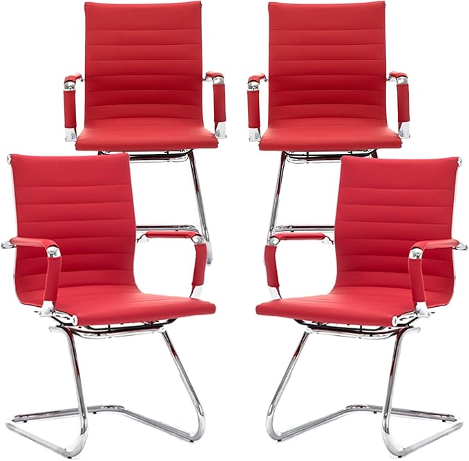 DM Furniture Office Desk Chair Set of 4,No Wheels PU Leather Computer Chairs Mid Back Guest Chairs with Seld Base for School/Reception/Conference/Waiting Room, Burgundy Red