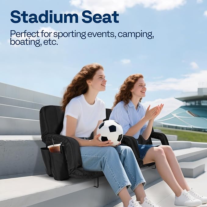 VIVOHOME Wide Reclining Stadium Seats with Back Support and Cushion, 2 Pack Portable Padded Bleacher Chairs with Armrest and Cup Holder, Comfortable for Various Sports Events