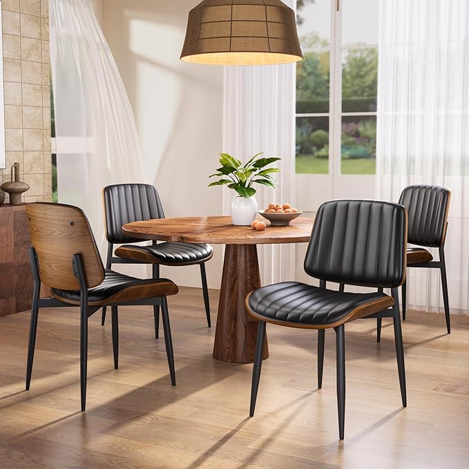 YaFiti Dining Chairs Set of 2, FSC Certified Mid Century Modern Dining Room Kitchen Chairs, Upholstered PU Leather Vertical Stripe Chairs for Vanity with Walnut Bentwood and Metal Legs, Black