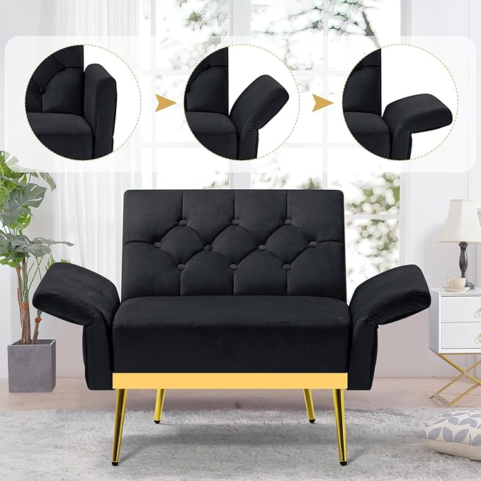 ACMEASE Velvet Accent Chair w/Adjustable Armrests and Backrests, Tufted Single Sofa with Ottoman, Upholstered Reading Chiar for Living Room, Apartment, Bedroom, Black