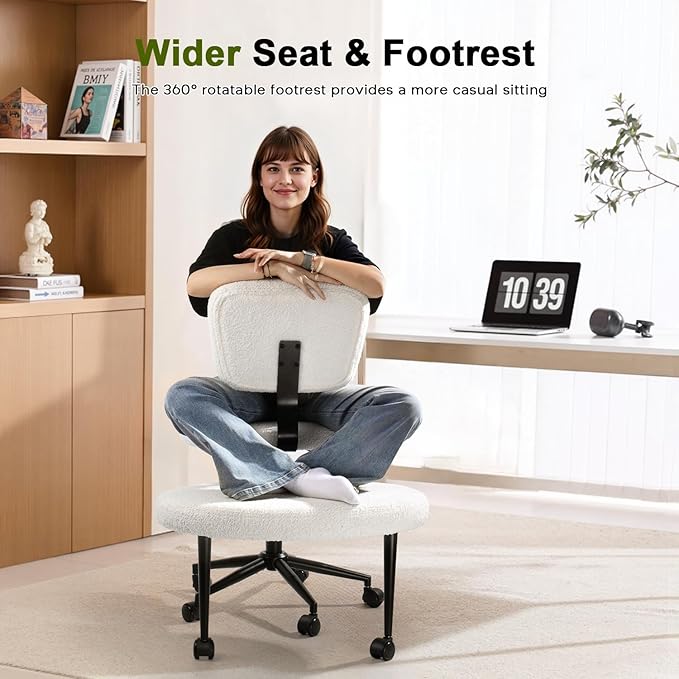 Waleaf Ergonomic Cross Legged Office Chair with Wheels, ADHD Chair for Adults, Meditation Chair, Yoga Office Chair, Kneeling Chairs with Comfortable Back Support, Height Adjustable, Teddy Fabric